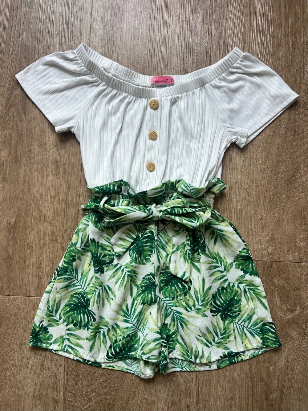 2 Hip Girls White Off-Shoulder Top with Green Leaf Print Shorts Romper Size 10